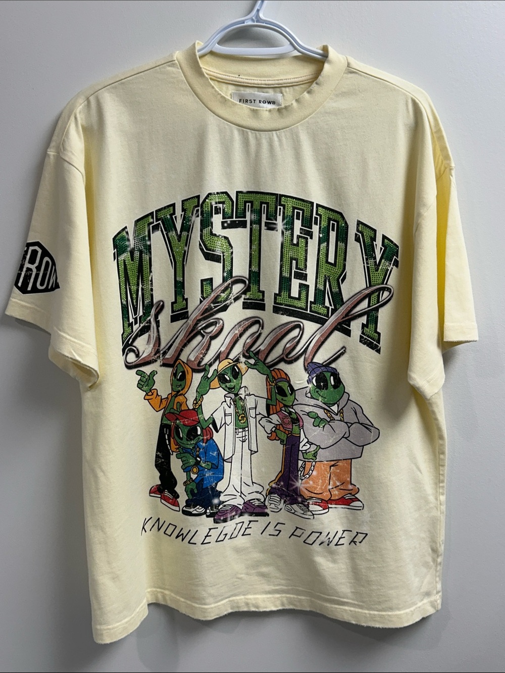 First Row “Mystery Skool" Alien Graphic Tee in Cream With Green Rhinestones